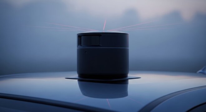 A sleek black cylindrical device sits atop a car's roof, emitting multiple red laser beams into the foggy atmosphere.