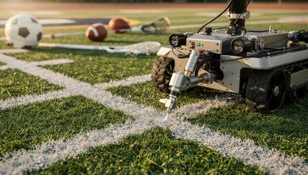 Closeup on a robotic field marking system navigating a multisport grid applying clean sharp paint lines with blurred sports equipment in the background.