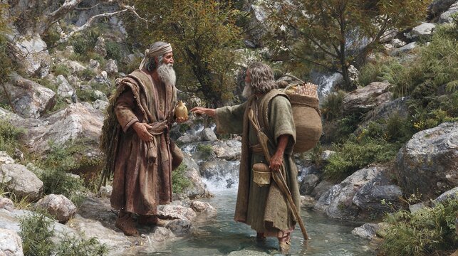 Jacob sending gifts ahead to Esau across the stream