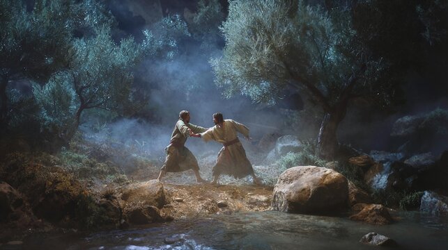 Jacob wrestling with a man through the night by the river