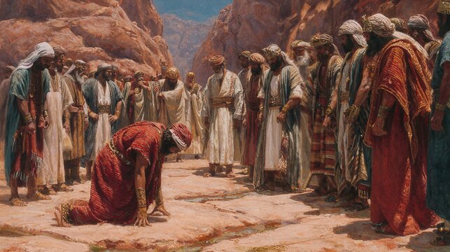 Jacob bowing seven times as he approaches Esau