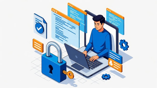 A person working on a laptop surrounded by digital security icons and programming elements, emphasizing cybersecurity and technology.