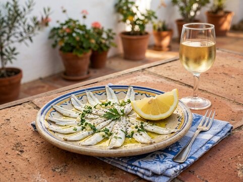 Boquerones in Vinegar on Tapas Plate in Andalusia with Sherry Glass