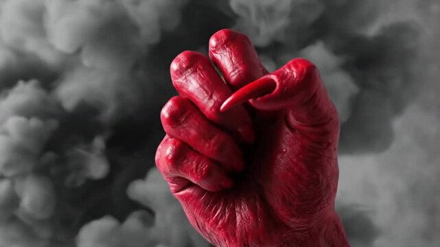 Red painted hand with long sharp claws reaching forward, spooky halloween horror concept.