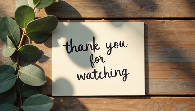 Card with thank you for watching text on wooden planks. Eucalyptus leaves rest beside the note. Sunlight creates soft shadows on the surface. Natural, simple background for video end screens.