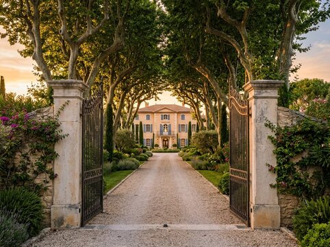 C&ocirc;te d'Azur Villa Entrance with Plane Tree Lined Driveway at Golden Hour