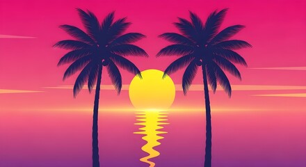 Obraz premium Vibrant tropical sunset, palm trees, pink and purple sky, yellow sun