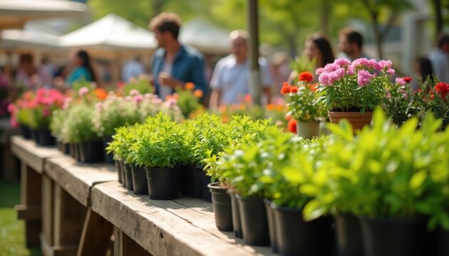 Outdoor plant market offers colorful flowers and green herbs in pots. Shoppers select plants for spring gardening and home decoration. Lively atmosphere with variety of flora for sale.