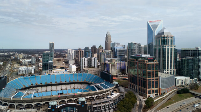 Charlotte North Carolina February 21 2026 aerial view of Bank of America Stadium and downtown skyline