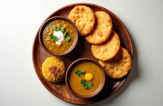 Rajasthani dal baati churma served on wooden plate. Yellow lentil curry with flatbread and baked dough balls, garnished with cilantro, a perfect meal.