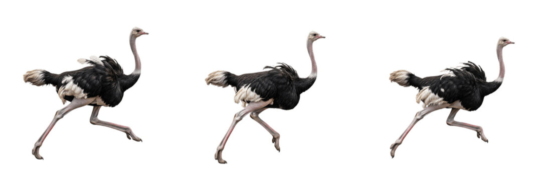 Set Of Three African Ostrich Birds Running At High Speed Isolated On Plain White Studio Background