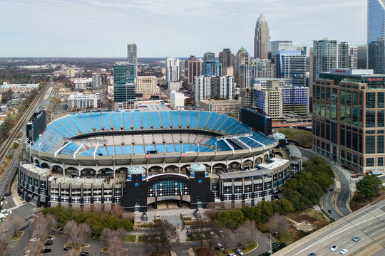 Charlotte North Carolina February 21 2026 aerial view of Bank of America Stadium and uptown skyline