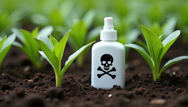 White bottle with skull symbol stands in soil near green plant seedlings. Bottle signifies pesticide use in farming or gardening. Danger to plants, nature, and health is implied by symbol.