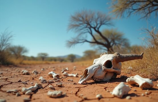 Animal skull and bones lie on cracked dry earth under blue sky. Arid savanna landscape shows trees and dry grass. Scene evokes drought and nature decay.