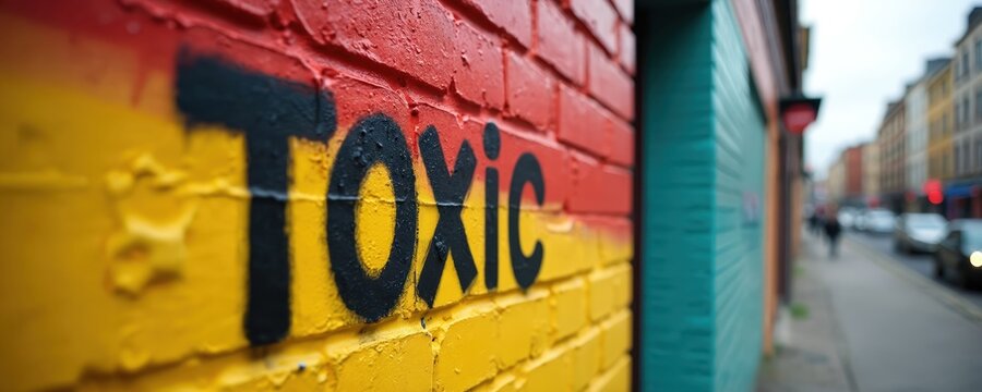 Bright graffiti displays word toxic on yellow and red brick wall. Urban street scene background with buildings and cars passing by. Message on painted surface.
