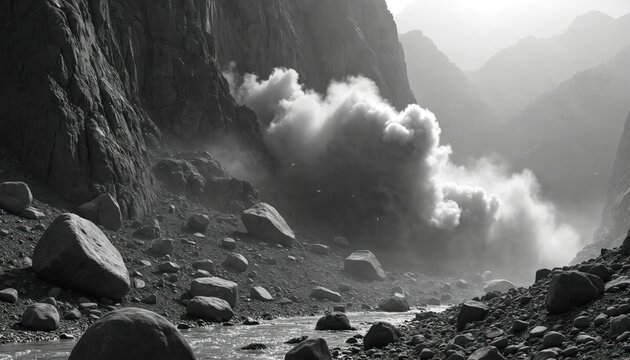 Monochrome landscape shows massive rockslide with tumbling boulders and dust cloud. Crumbled debris falls down mountain slope towards riverbed.