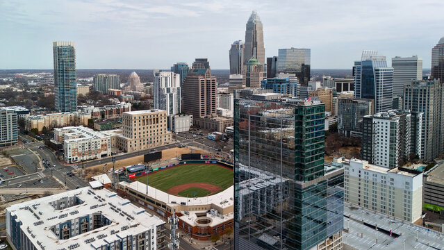 Charlotte North Carolina February 21 2026 aerial view of downtown skyline and Truist Field