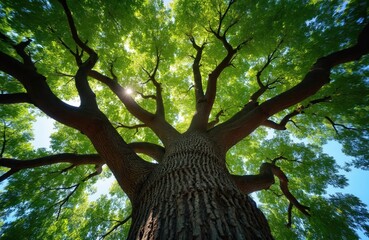 Naklejka premium Looking up at massive oak tree canopy with sun rays shining through rich green leaves. Wide angle view of textured bark and sprawling branches against bright blue sky.