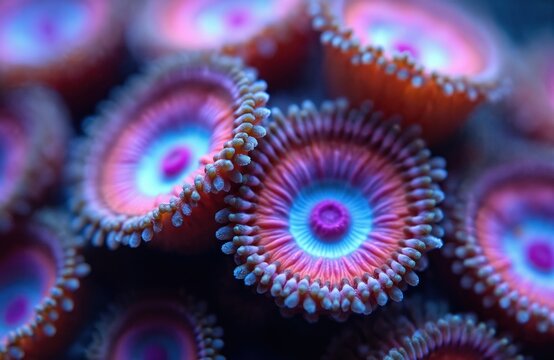 Macro view of vibrant zoanthid coral polyps, glowing pink purple and blue in aquarium. Tiny tentacles open in saltwater. Marine life detail.