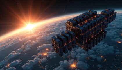 Fototapeta premium Futuristic orbital data center modules float above planet Earth with glowing lights below. Sun rises on planet horizon. Space station architecture.