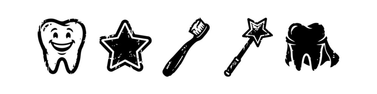 Set of Distressed Dental Icons for Kids Featuring a Smiling Tooth Star Toothbrush Magic Wand and Superhero Tooth for Pediatric Dentistry Graphics