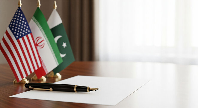 Flags of USA, Iran and Pakistan on a table with a fountain pen and document. International relations, diplomatic peace negotiations and conflict resolution agreement. Global politics.