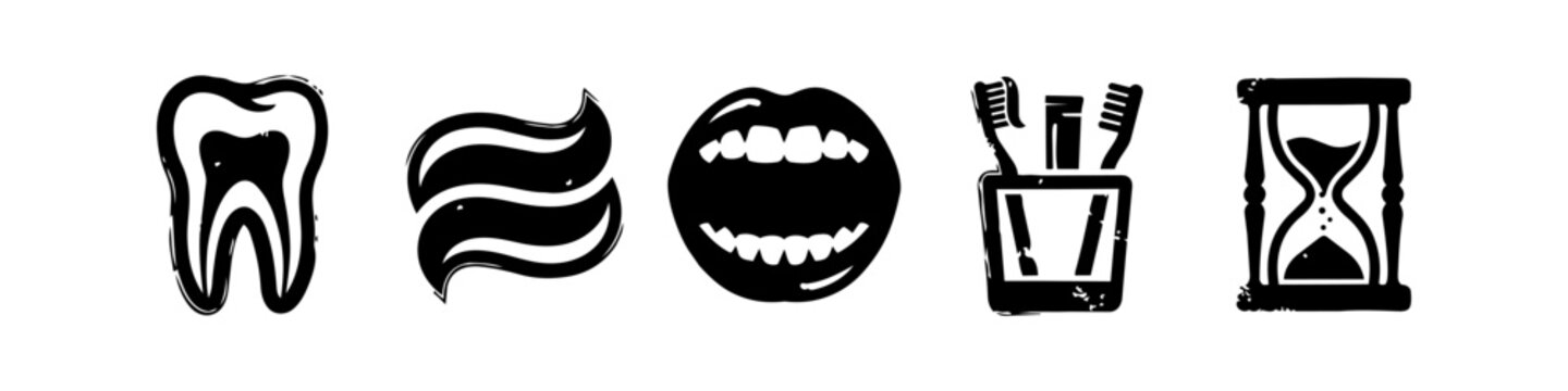 Dental Hygiene and Oral Care Icon Set in Black Linocut Style Featuring Molar Tooth Toothpaste Open Mouth Toothbrushes and Hourglass for Daily Routine Concept