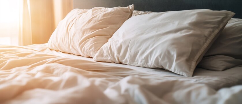 Close-up of a comfortable bed with two pillows and crumpled sheets