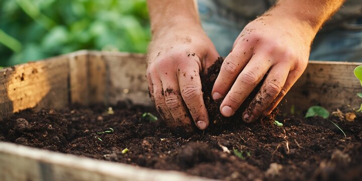 Human hands gently placing seeds into dark earth within wooden planter