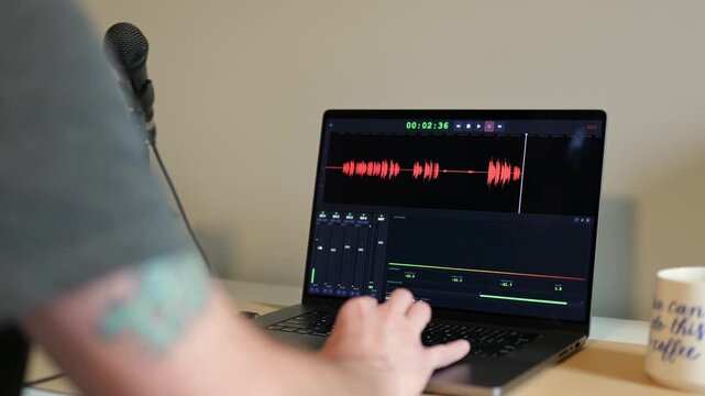 Podcast Audio Engineer Recording Playing Reviewing Live Tracks During Show - Tech Mixing Audio Podcast Content Creator Concept