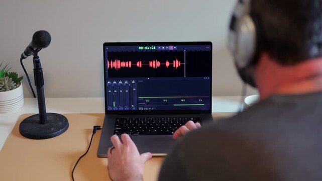 Podcast Audio Engineer Recording Playing Reviewing Live Tracks During Show - Tech Mixing Audio Podcast Content Creator Concept