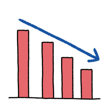 Cute hand-drawn declining bar chart with downward arrow illustration, business decrease clipart on white background