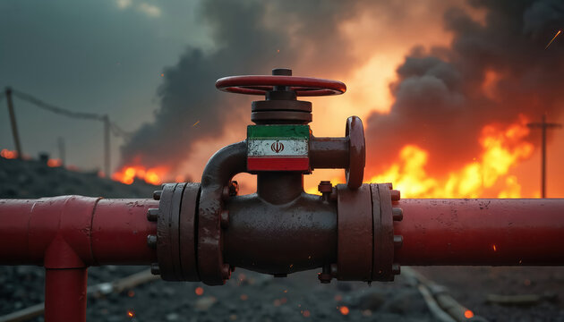 Close-up view of Iranian oil pipeline valve against fiery backdrop. Flag attached nation energy resources amid potential crisis. Industrial scene conveys resource control issues, geopolitical