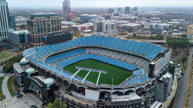 Charlotte North Carolina February 21 2026 aerial view of downtown skyline and Bank of America Stadium