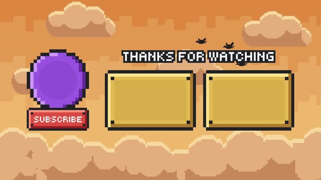 Retro pixel outro screen with layered evening clouds and multiple video panels warm sunset sky background Prores 4K 60fps