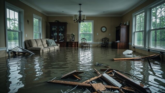 Interior living room flooded with murky water, furniture submerged and debris floating
