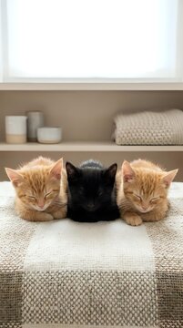 Three adorable kittens sleeping peacefully on knitted blanket in cozy home interior with neutral decor and soft natural lighting for pet care content.