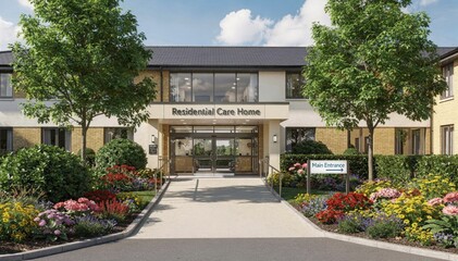 Fototapeta premium Summer daytime image of a residential care homes main entrance surrounded by lush greenery and vibrant flowers with clear signage and paved accessible paths.