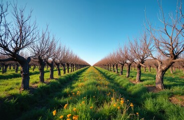 Fototapeta premium Bare trees line green fields under clear blue sky. Yellow flowers dot the grass in this sunlit rural landscape. Rows of plants await spring growth in nature.