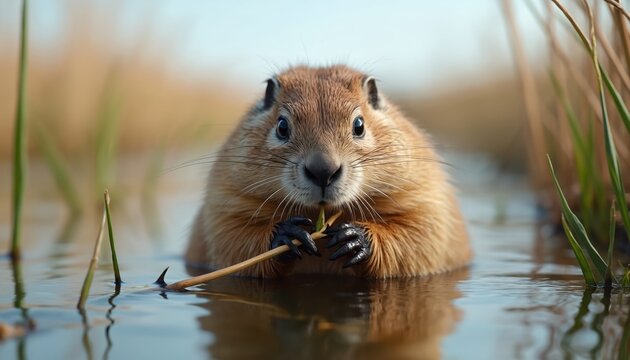 Prairie dog sits in shallow water eating green grass. Small rodent with brown fur has dark eyes and whiskers. Cute mammal enjoys its meal in wild marshland habitat.