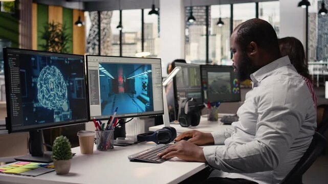 Game developing, AI neural networks, creating spatial video game, using virtual assets and commands for a futuristic gaming experience. programming tools and software for spaceship models.
