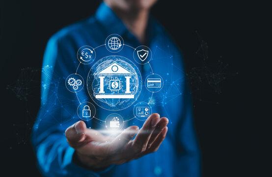 Digital Banking and Financial Technology Concept. Person presenting virtual banking, payment, security, analytics, global finance icons. secure transactions, fintech service, digital banking solutions