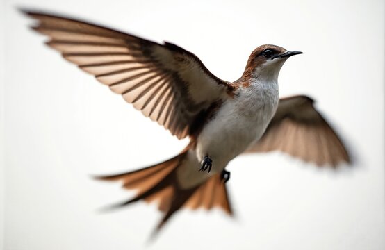 Small brown and white swiftlet bird flies with wings spread wide against a clean white backdrop. Its tail feathers fan out showing detailed pattern. Focus on its avian beauty in mid-air.