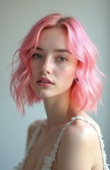 Naklejka premium Young woman presents vibrant pink wavy hair. Soft daylight illuminates face creating gentle glow. Shallow focus highlights hairstyle texture. Minimal background emphasizes beauty, modern style,