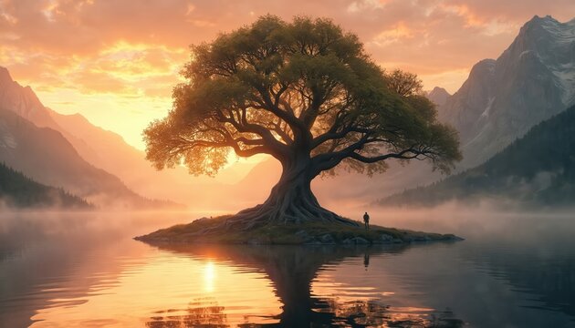 Massive ancient tree with visible roots stands on island in calm lake. Majestic mountains and sunset sky form misty background. Lone figure contemplates nature and existence.