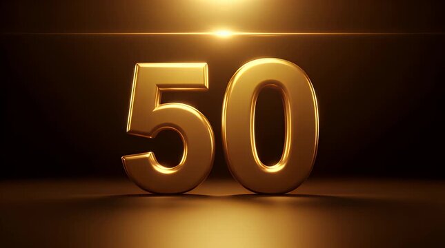 Shiny three dimensional golden number fifty glowing brightly against a dark background with dramatic cinematic spotlight illumination effects for celebrations.