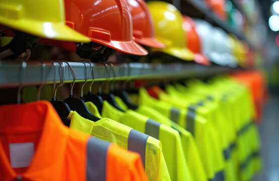 Row of colorful safety helmets and high visibility vests arranged on hangers. Protective workwear is neatly organized on shelves and racks for industrial site readiness.