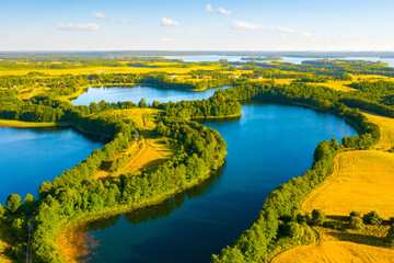 Fototapeta premium Aerial view of lakes in Narachanski National Park, Belarus