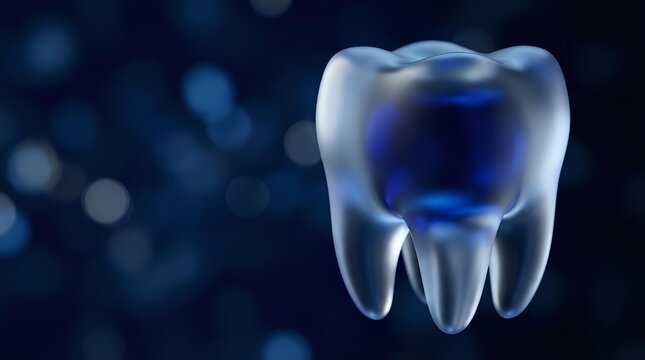 Translucent tooth model with blue glow on dark background with bokeh lights for dental care and oral health concepts.