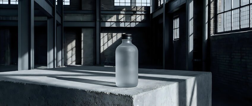 Frosted glass bottle on concrete surface in industrial warehouse with dramatic lighting and shadows through large windows for product mockup and branding.